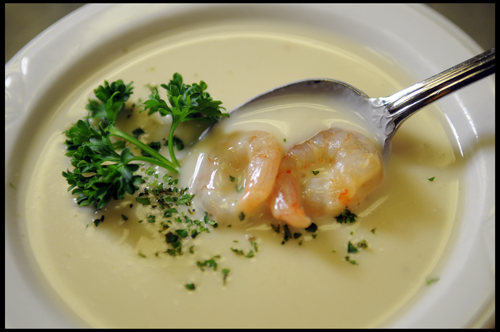 Cream of Garlic Soup with Baby Shrimp